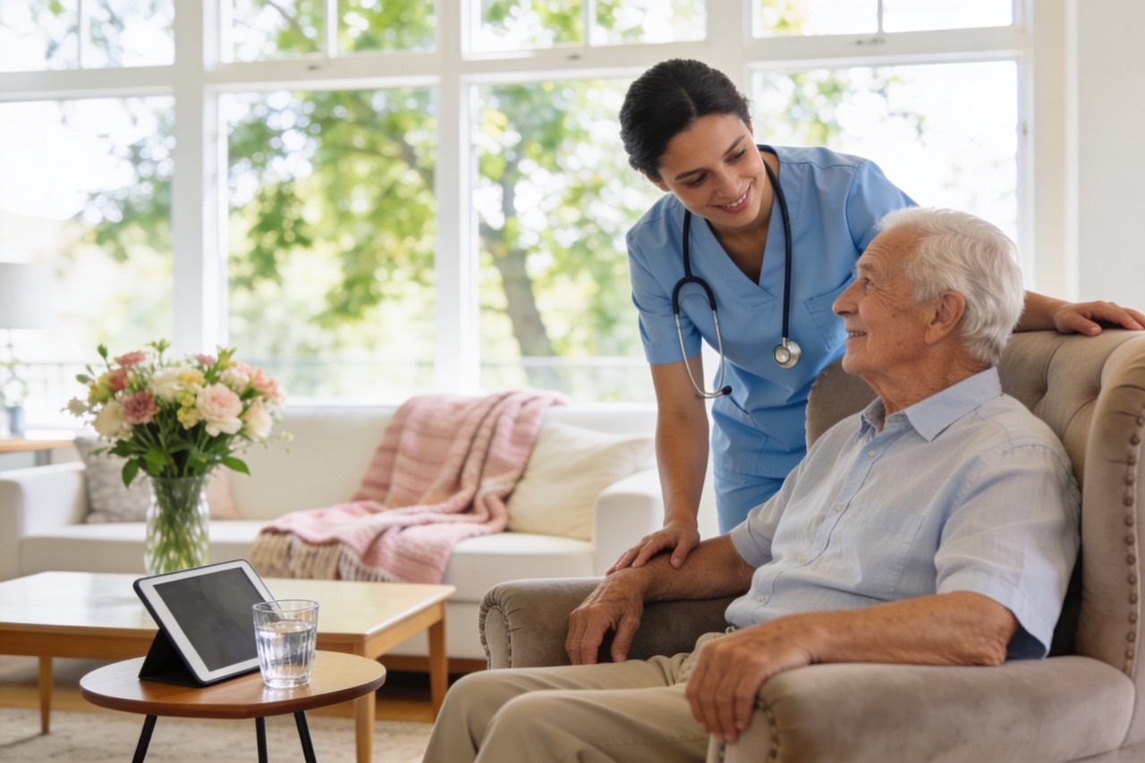 A House Call Medical Services nurse smiling with an older man seated in his armchair at home
